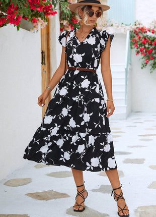 Floral Frill Trim V-Neck Tiered Midi Dress - MimiStylez