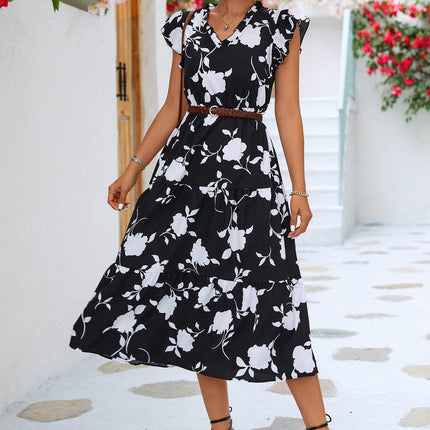Floral Frill Trim V-Neck Tiered Midi Dress - MimiStylez