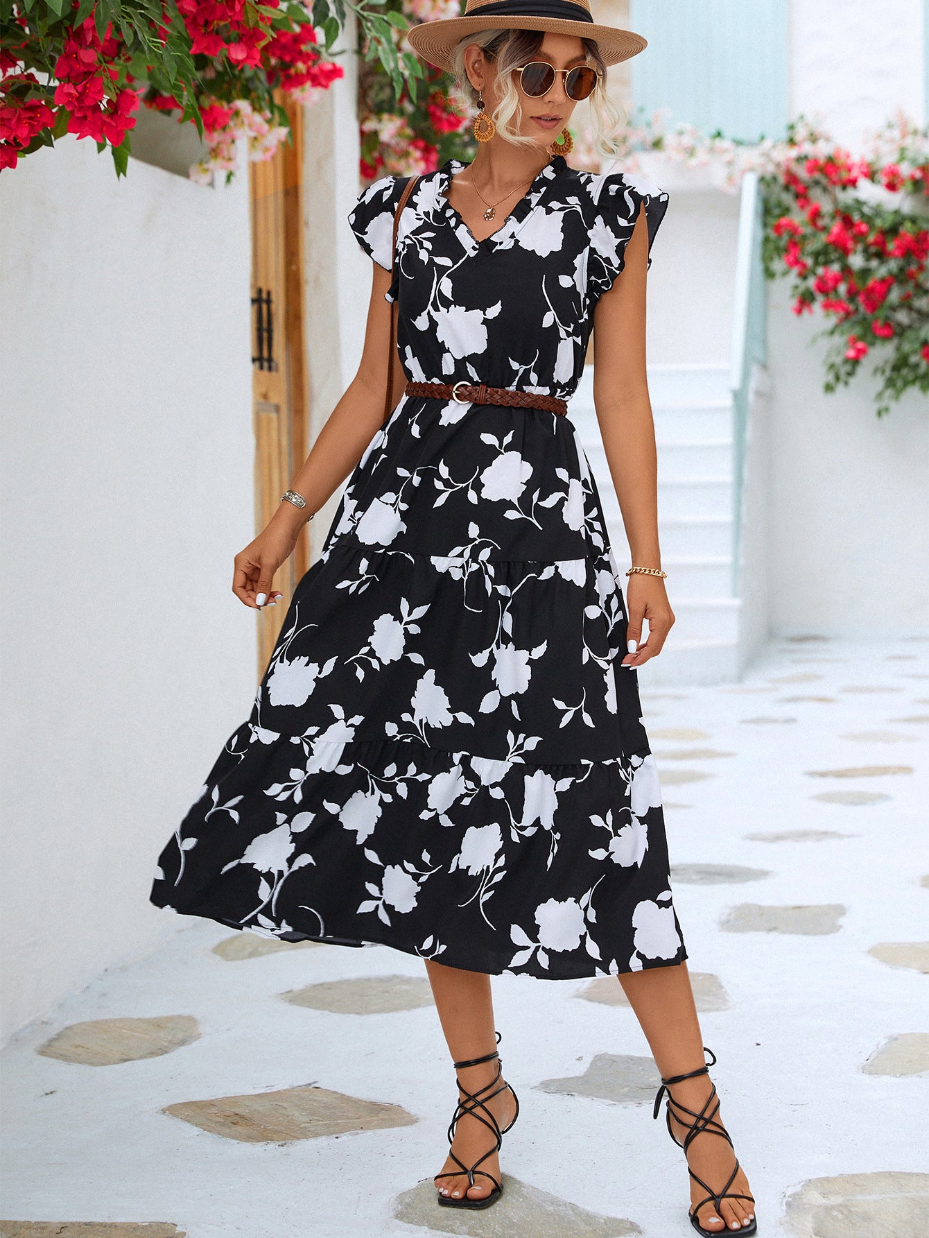 Floral Frill Trim V-Neck Tiered Midi Dress