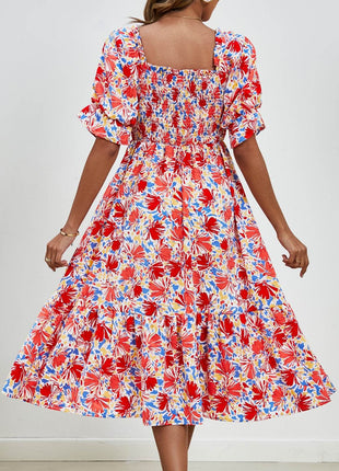 Smocked Floral Square Neck Short Sleeve Dress - MimiStylez