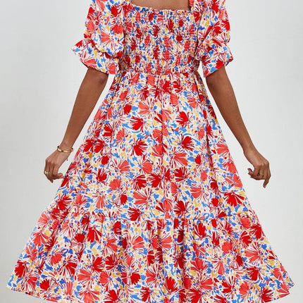 Smocked Floral Square Neck Short Sleeve Dress - MimiStylez