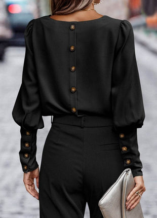 Round Neck Lantern Sleeve Blouse - MimiStylez