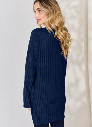 Basic Bae Full Size Ribbed Half Button Long Sleeve High-Low T-Shirt - MimiStylez