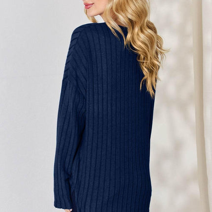 Basic Bae Full Size Ribbed Half Button Long Sleeve High-Low T-Shirt - MimiStylez