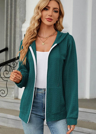 Drawstring Zip Up Long Sleeve Hoodie - MimiStylez