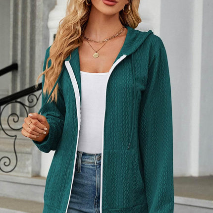 Drawstring Zip Up Long Sleeve Hoodie - MimiStylez