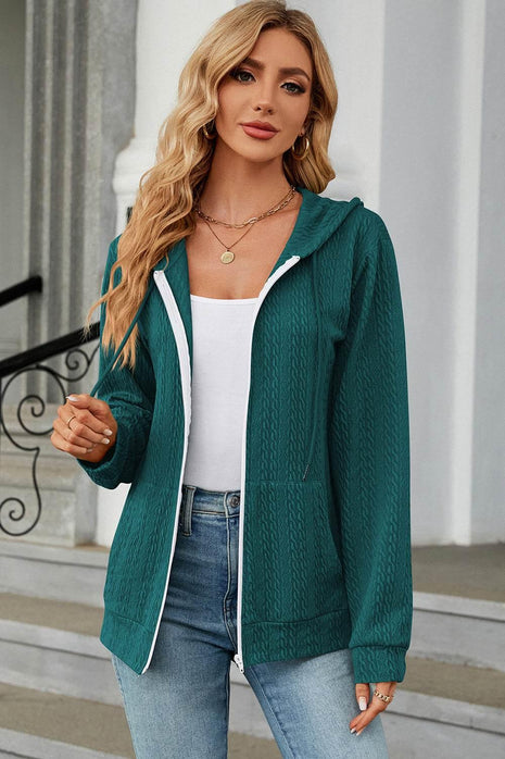 Drawstring Zip Up Long Sleeve Hoodie - MimiStylez