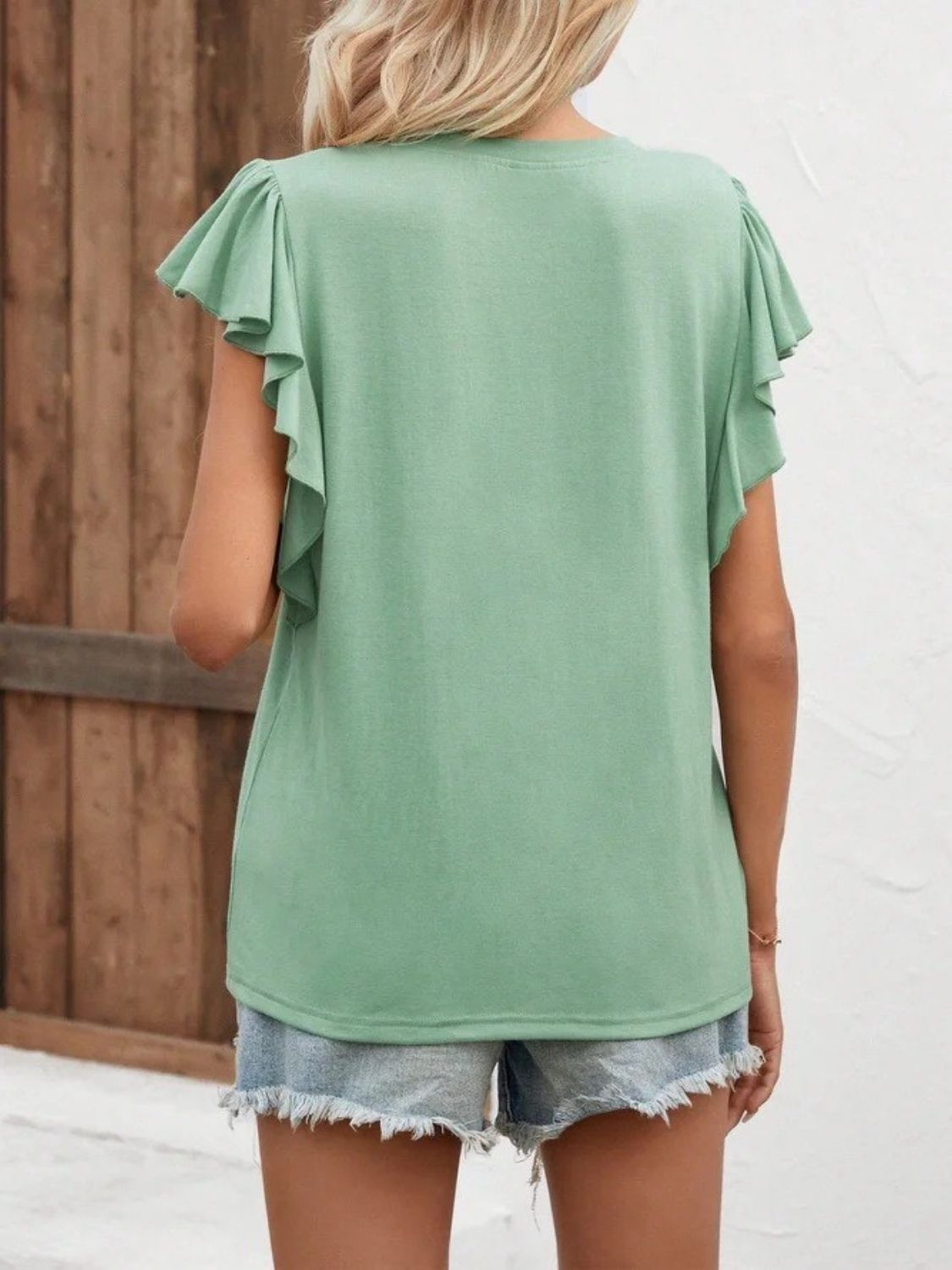 Full Size Ruffled Notched Cap Sleeve T-Shirt