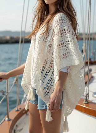 Openwork Tassel Open Front Knit Cover Up - MimiStylez