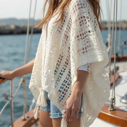 Openwork Tassel Open Front Knit Cover Up - MimiStylez