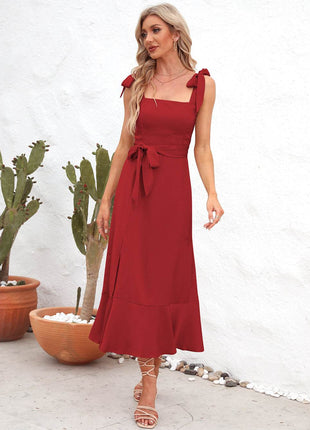 Square Neck Tie Strap Midi Dress - MimiStylez