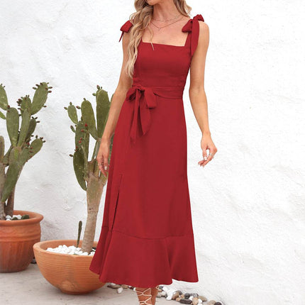 Square Neck Tie Strap Midi Dress - MimiStylez