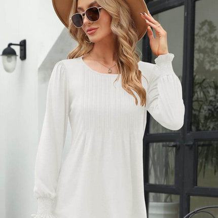 Smocked Round Neck Lantern Sleeve Blouse - MimiStylez