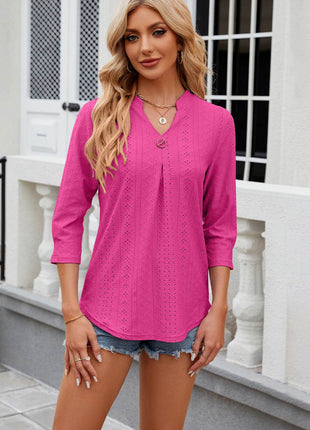 Eyelet Notched Knit Jacquard Top - MimiStylez