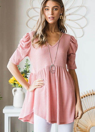 Heimish Full Size Waffle Knit V-Neck Babydoll Top - MimiStylez