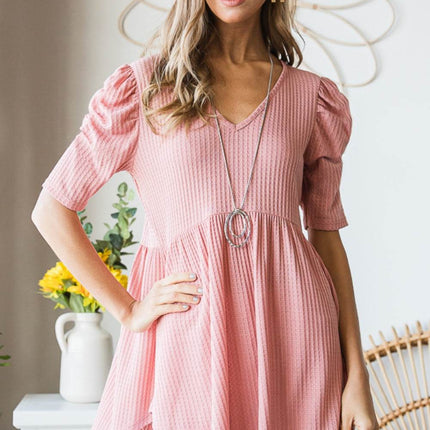 Heimish Full Size Waffle Knit V-Neck Babydoll Top - MimiStylez