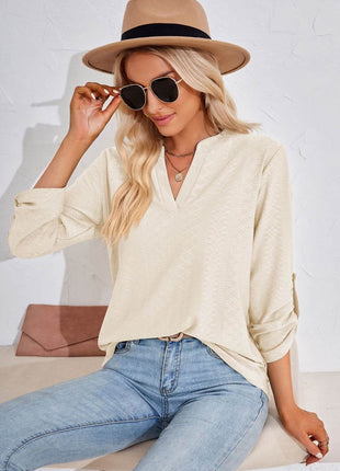 V-Neck Roll-Tap Sleeve Blouse - MimiStylez