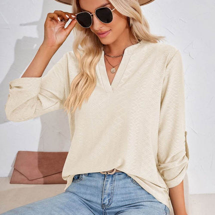 V-Neck Roll-Tap Sleeve Blouse - MimiStylez