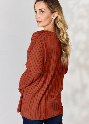 Basic Bae Full Size Ribbed Half Button Long Sleeve T-Shirt - MimiStylez