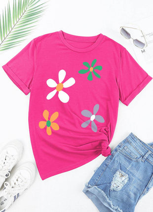 Flower Round Neck Short Sleeve T-Shirt - MimiStylez