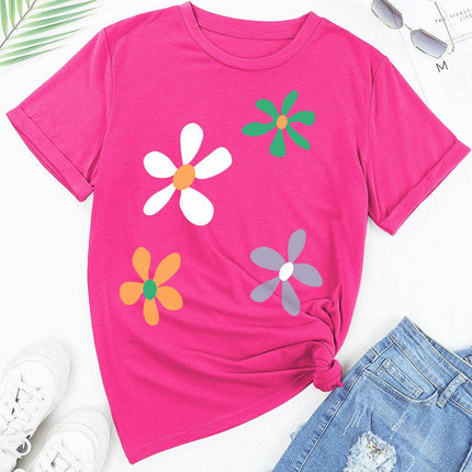 Flower Round Neck Short Sleeve T-Shirt - MimiStylez