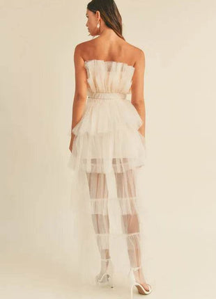 MABLE Tulle Tube Ruffle Crop Top and High Low Maxi Skirt Set - MimiStylez