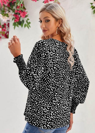 Printed V-Neck Lantern Sleeve Blouse - MimiStylez
