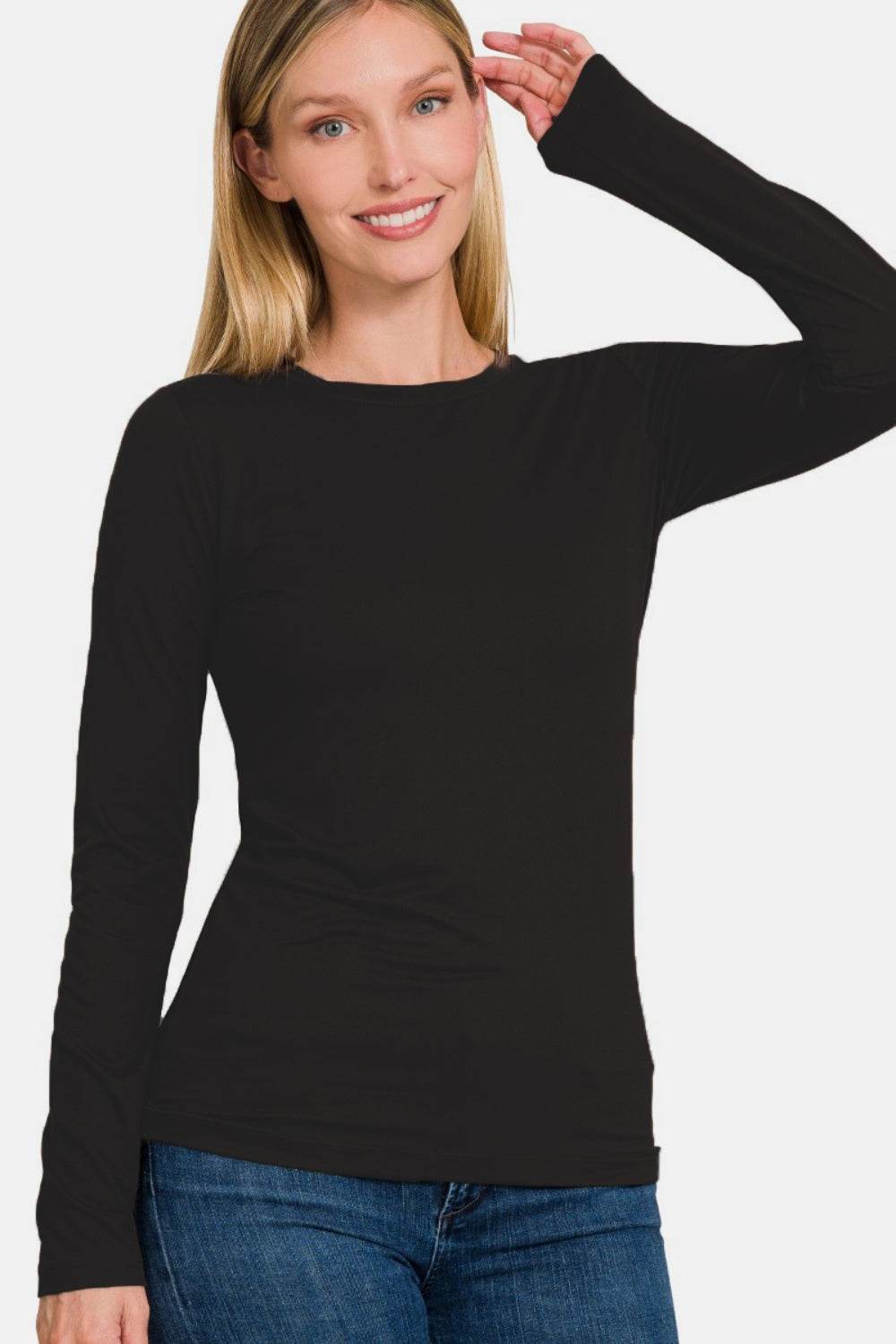 Zenana Ful Size Brushed Microfiber Long Sleeve Round Neck T-Shirt - MimiStylez