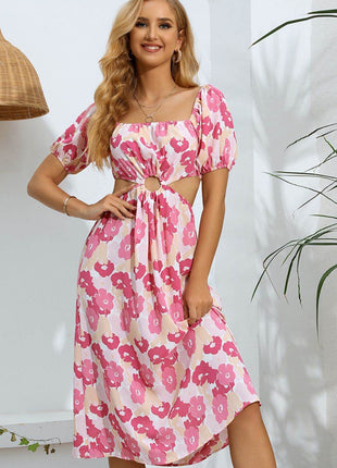 Floral Cutout Square Neck Puff Sleeve Dress - MimiStylez