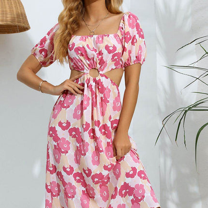 Floral Cutout Square Neck Puff Sleeve Dress - MimiStylez