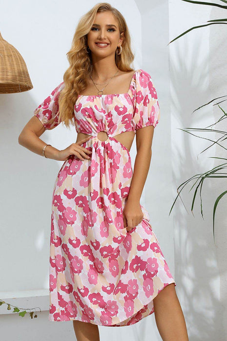 Floral Cutout Square Neck Puff Sleeve Dress - MimiStylez