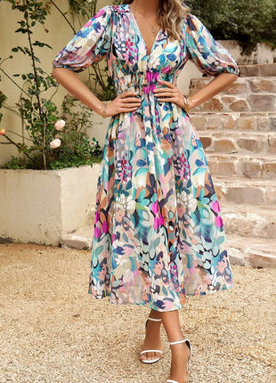 Printed Puff Sleeve Midi Dress - MimiStylez