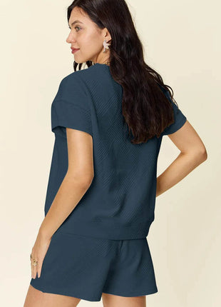 Double Take Full Size Texture Short Sleeve T-Shirt and Drawstring Shorts Set - MimiStylez