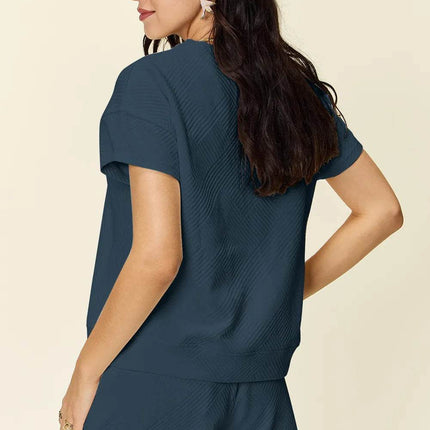Double Take Full Size Texture Short Sleeve T-Shirt and Drawstring Shorts Set - MimiStylez