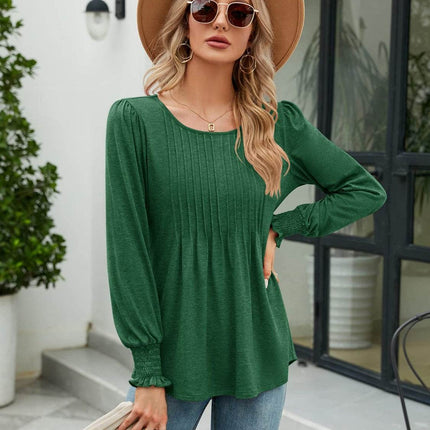 Smocked Round Neck Lantern Sleeve Blouse - MimiStylez