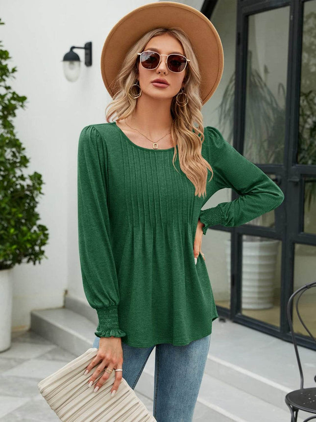 Smocked Round Neck Lantern Sleeve Blouse - MimiStylez