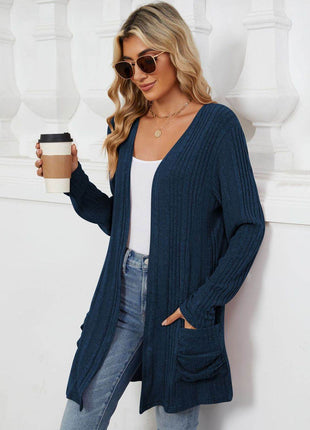 Pocketed Open Front Long Sleeve Cardigan - MimiStylez