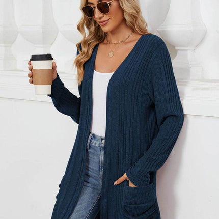Pocketed Open Front Long Sleeve Cardigan - MimiStylez