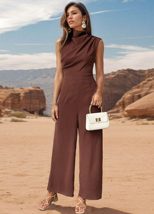 Ruched Mock Neck Sleeveless Jumpsuit - MimiStylez