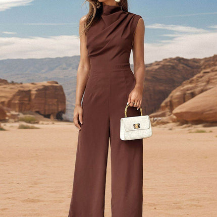Ruched Mock Neck Sleeveless Jumpsuit - MimiStylez