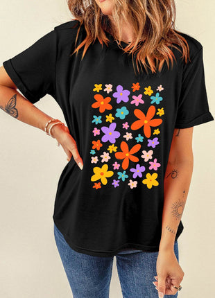 Flower Graphic Round Neck Short Sleeve T-Shirt - MimiStylez