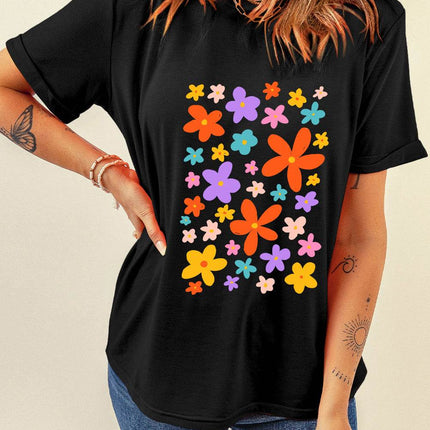 Flower Graphic Round Neck Short Sleeve T-Shirt - MimiStylez