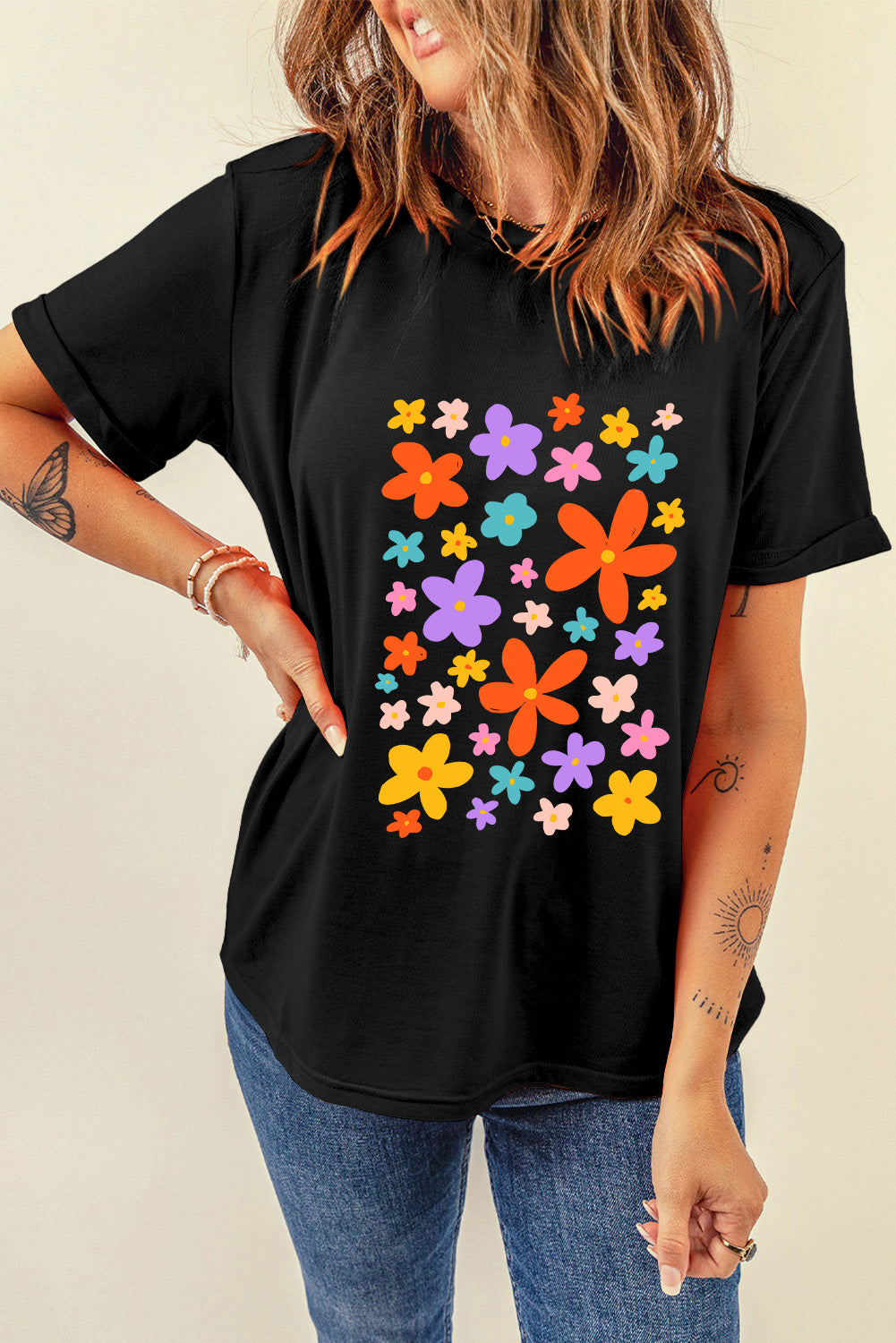 Flower Graphic Round Neck Short Sleeve T-Shirt