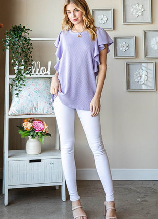 Heimish Full Size Ruffled Sleeve Ribbed Top - MimiStylez