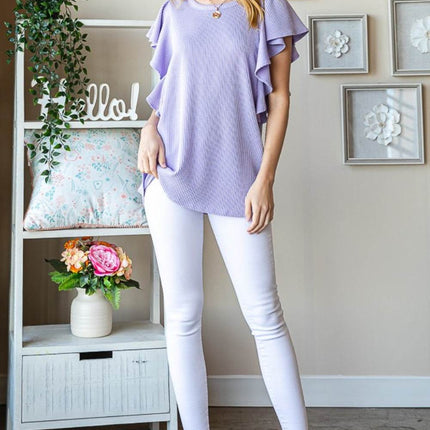 Heimish Full Size Ruffled Sleeve Ribbed Top - MimiStylez