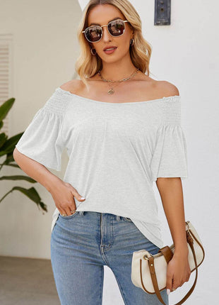 Smocked Round Neck Flutter Sleeve T-Shirt - MimiStylez