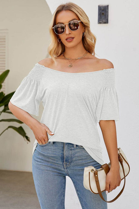 Smocked Round Neck Flutter Sleeve T-Shirt - MimiStylez