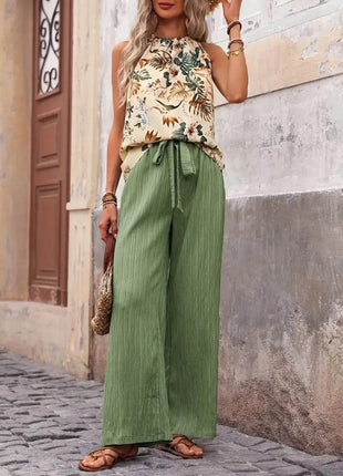 Printed Tank Top and Wide Leg Pants Set - MimiStylez