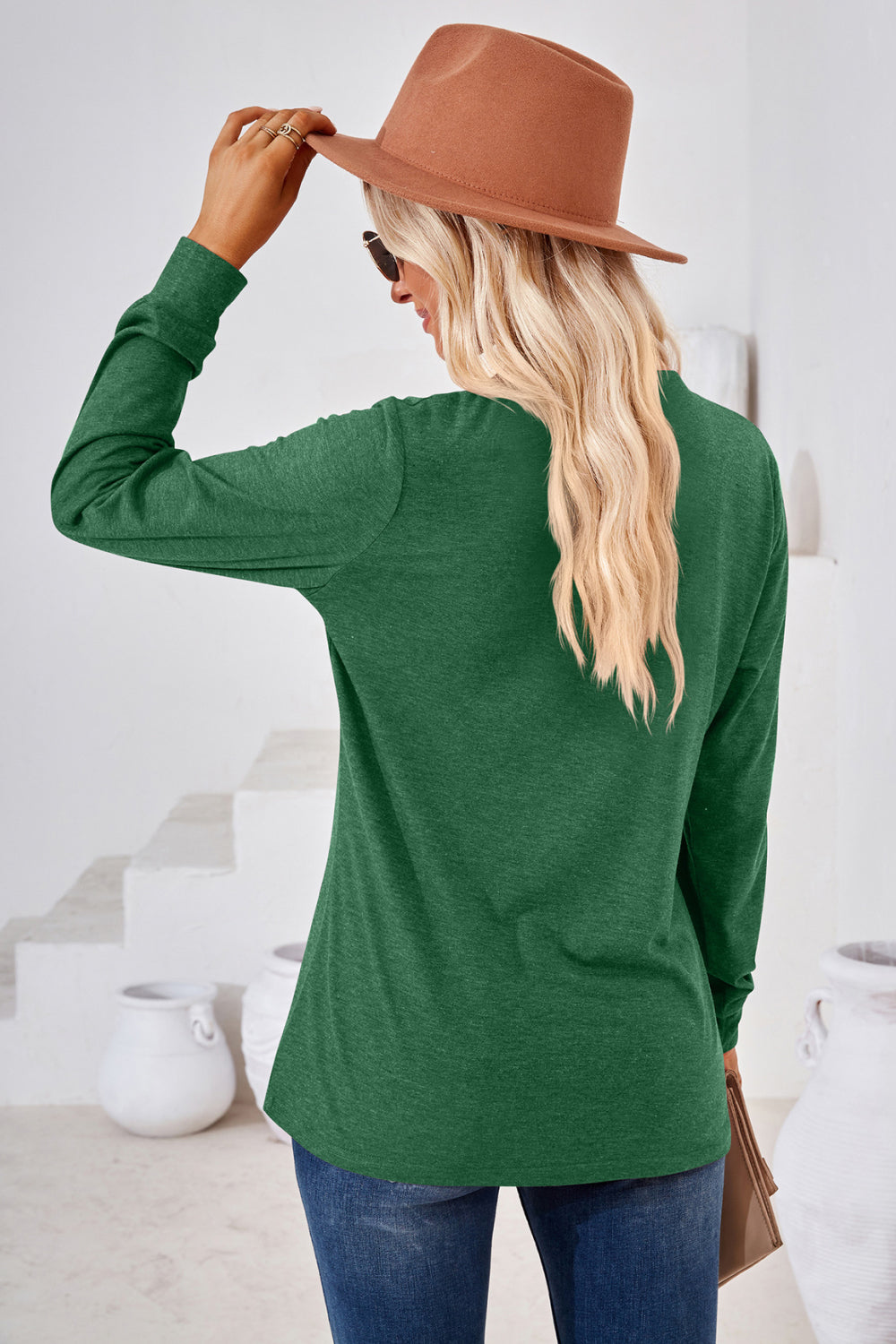 V-Neck Buttoned Long Sleeve Blouse