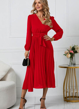 V-Neck Long Sleeve Tie Waist Midi Dress - MimiStylez